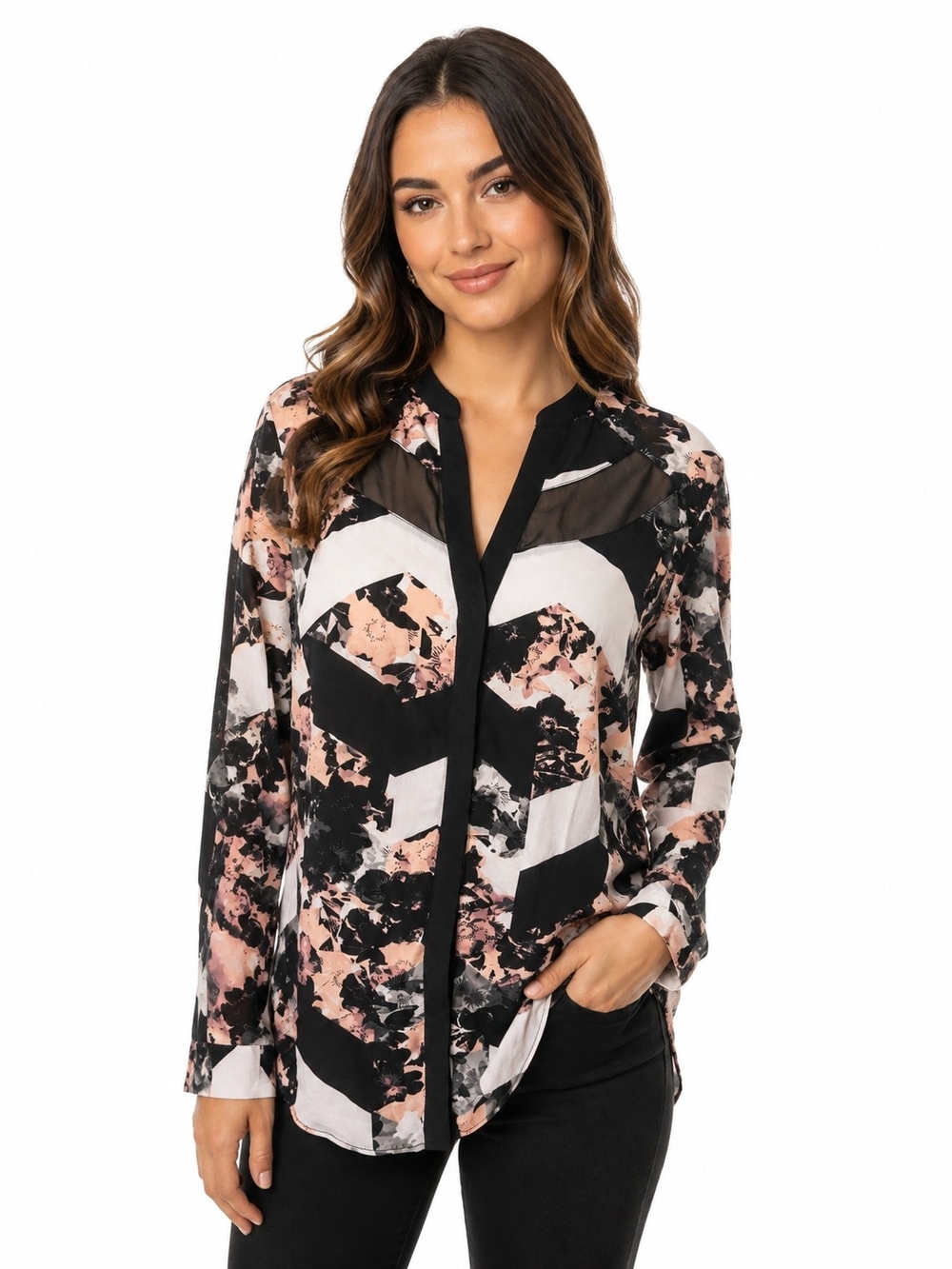 attention Pink and Black Abstract Sheer Yoke Blouse